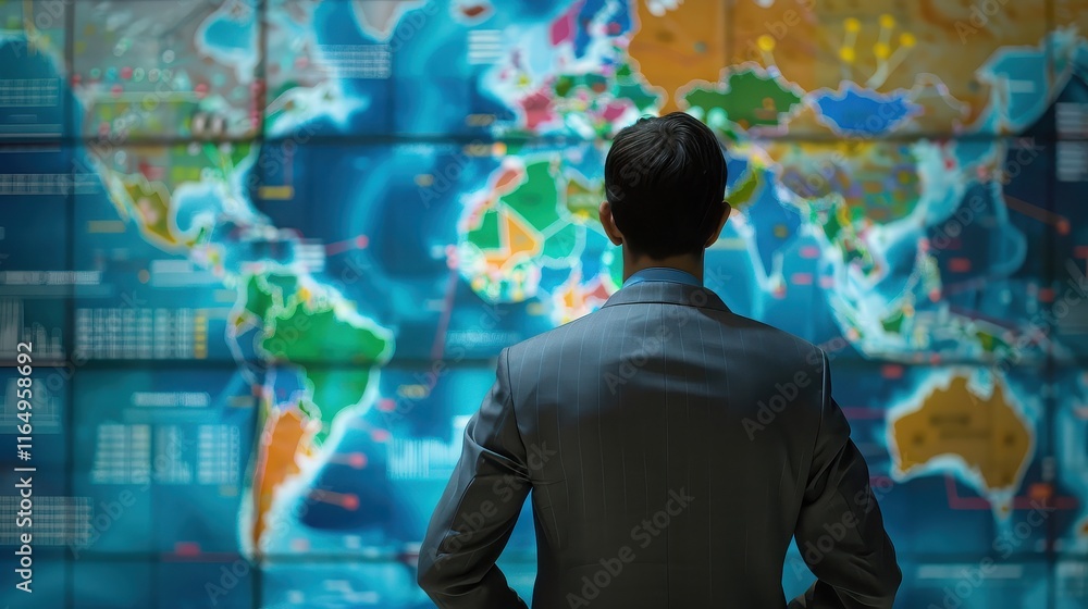 Entrepreneur using AI-driven software to analyze business growth, showcasing data projections on a large touch screen Entrepreneur using AI-driven software to analyze business growth, showcasing data projections on a large touch screen