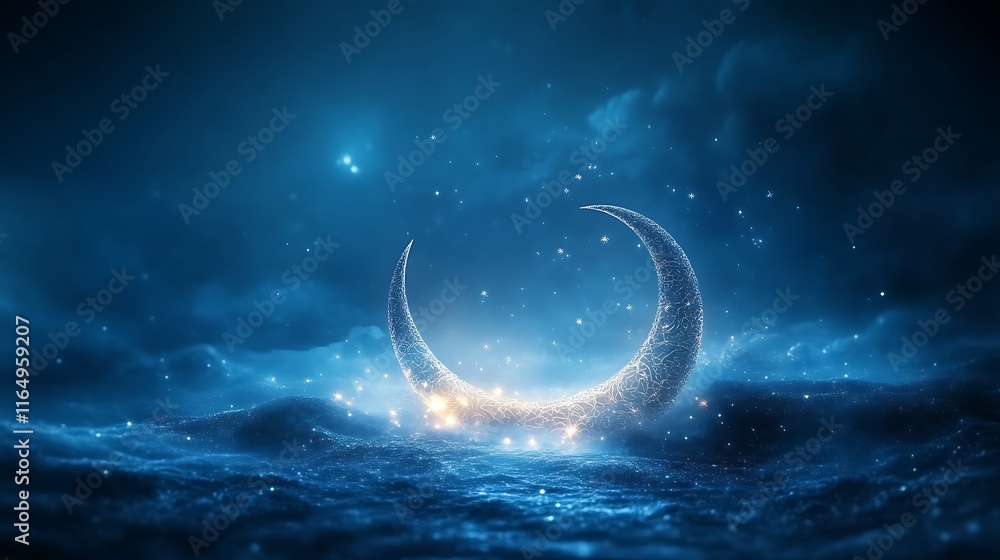 Fototapeta premium Crescent Moon Glowing Brightly Over Night Sky
