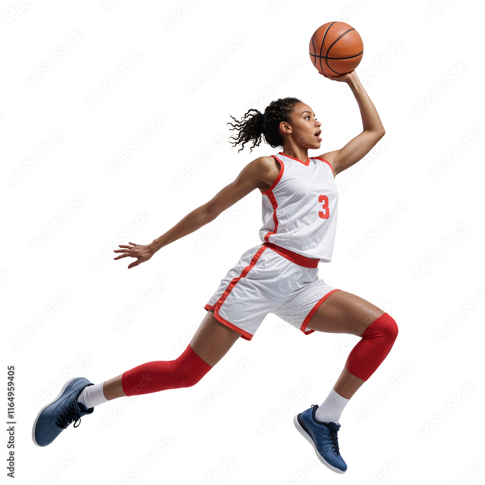 Young female basketball player doing midair dunk, side view on isolated background