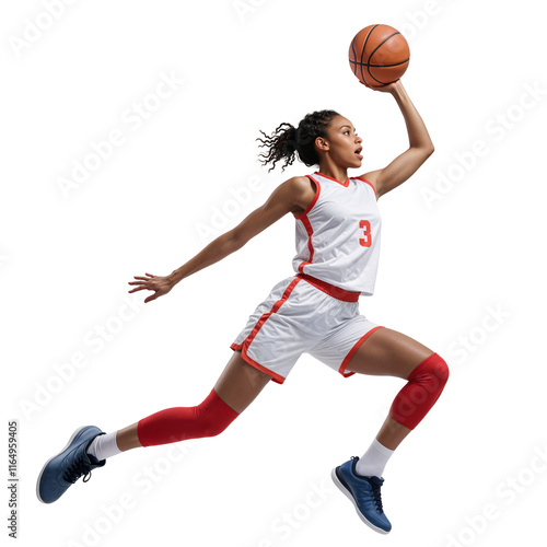 Young female basketball player doing midair dunk, side view on isolated background photo