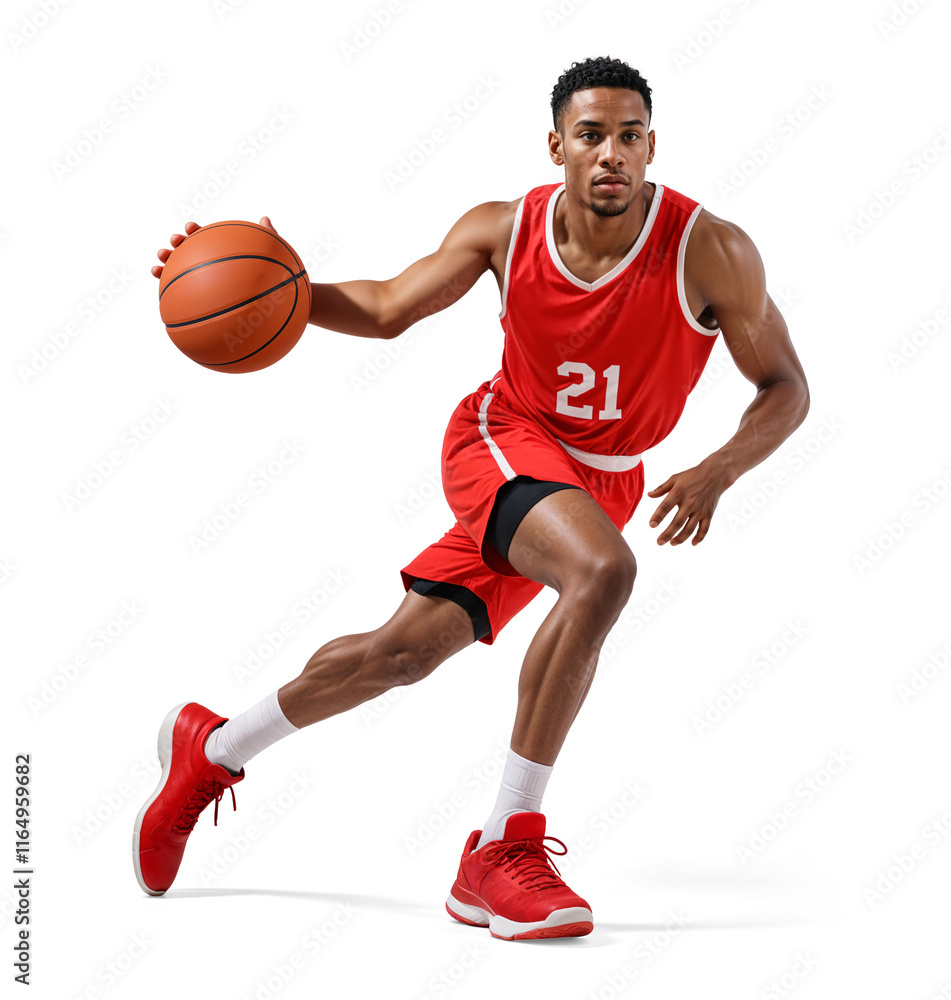 Young black basketball player in red jersey running fast handling a ball with speed Young black basketball player in red jersey running fast handling a ball with speed
