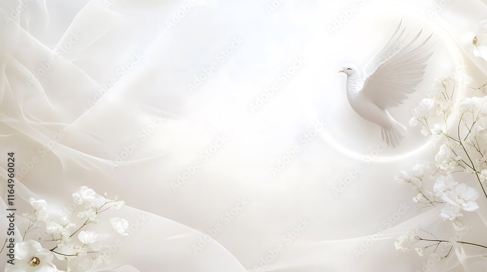 Fototapeta premium White Dove Soaring Above Delicate White Flowers and Fabric