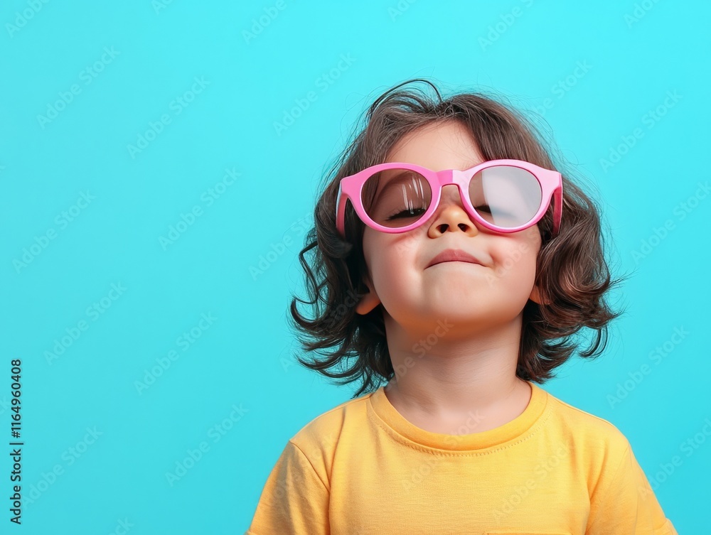 A confident child wearing pink sunglasses against a bright blue background. A confident child wearing pink sunglasses against a bright blue background.