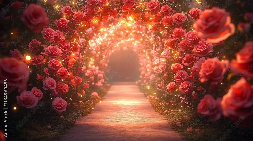 Fototapeta premium A romantic floral tunnel of pink and red roses illuminated by fairy lights, perfect for weddings, anniversaries, and spring events, with ample space for text overlays.