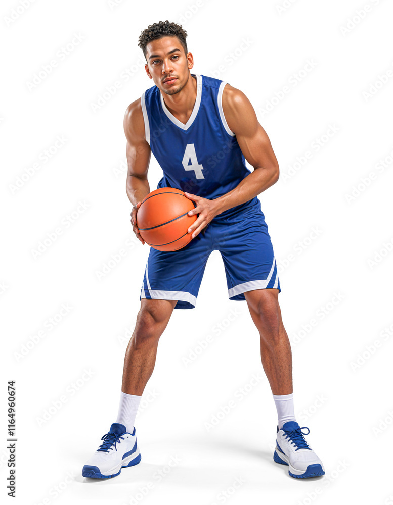 male basketball player in blue and white uniform with a basketball on isolated background