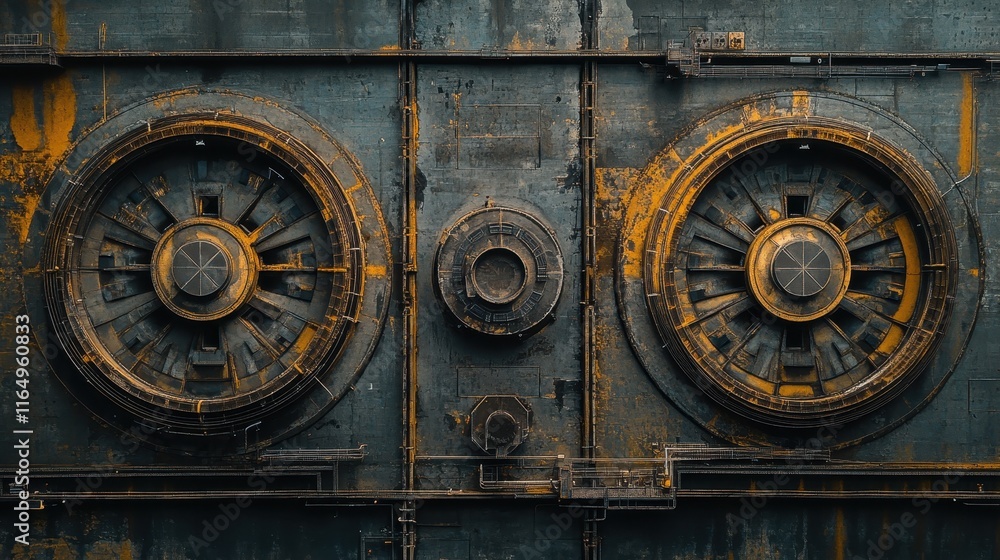 Fototapeta premium Rustic industrial metal wall with two large circular vents, showing age and wear. Perfect for steampunk, grunge, or industrial design projects needing a textured background.