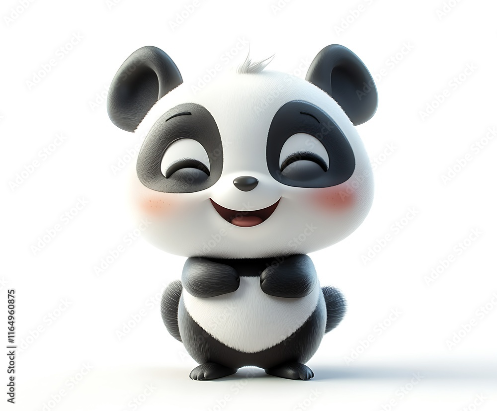 Naklejka premium Adorable cartoon panda bear, happy, smiling, cute, 3D rendering, isolated on white background.