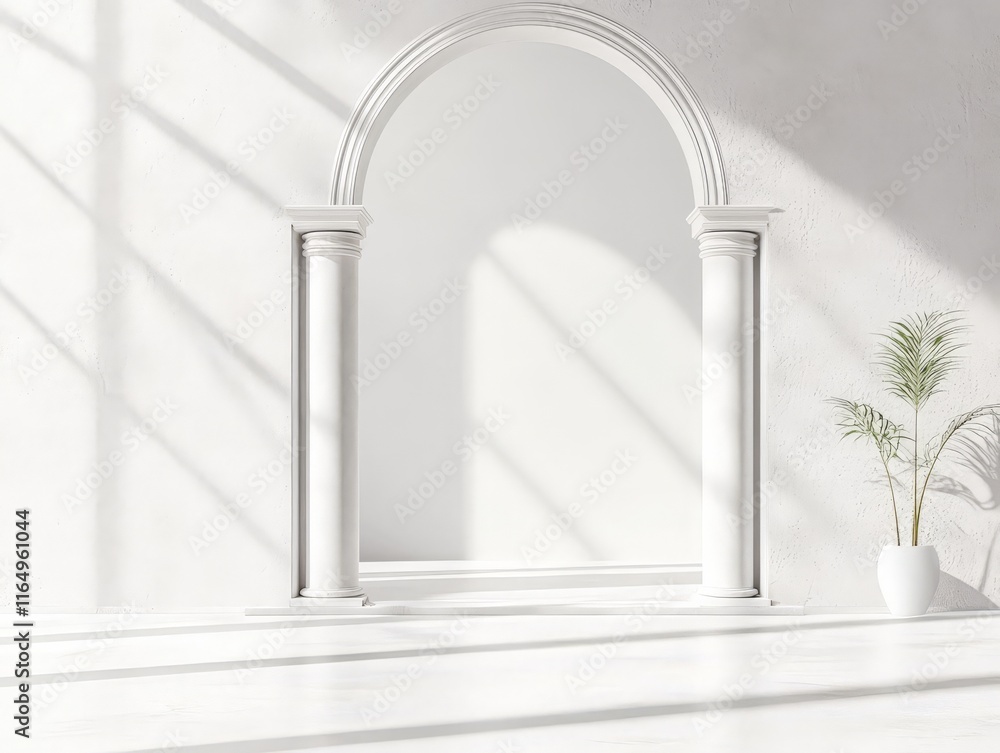 A minimalist interior featuring an archway, columns, and a potted plant in soft lighting. A minimalist interior featuring an archway, columns, and a potted plant in soft lighting.