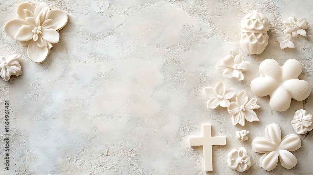White Flowers Cross and Ornate Decor on Light Background White Flowers Cross and Ornate Decor on Light Background