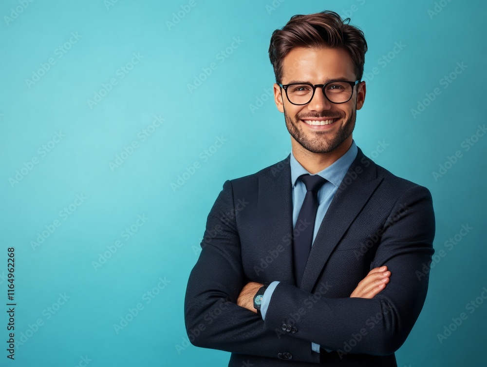 A smiling man in a suit stands confidently with arms crossed against a blue background. A smiling man in a suit stands confidently with arms crossed against a blue background.