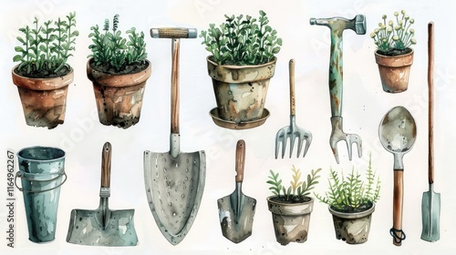 A collection of gardening tools and potted plants in a watercolor style.