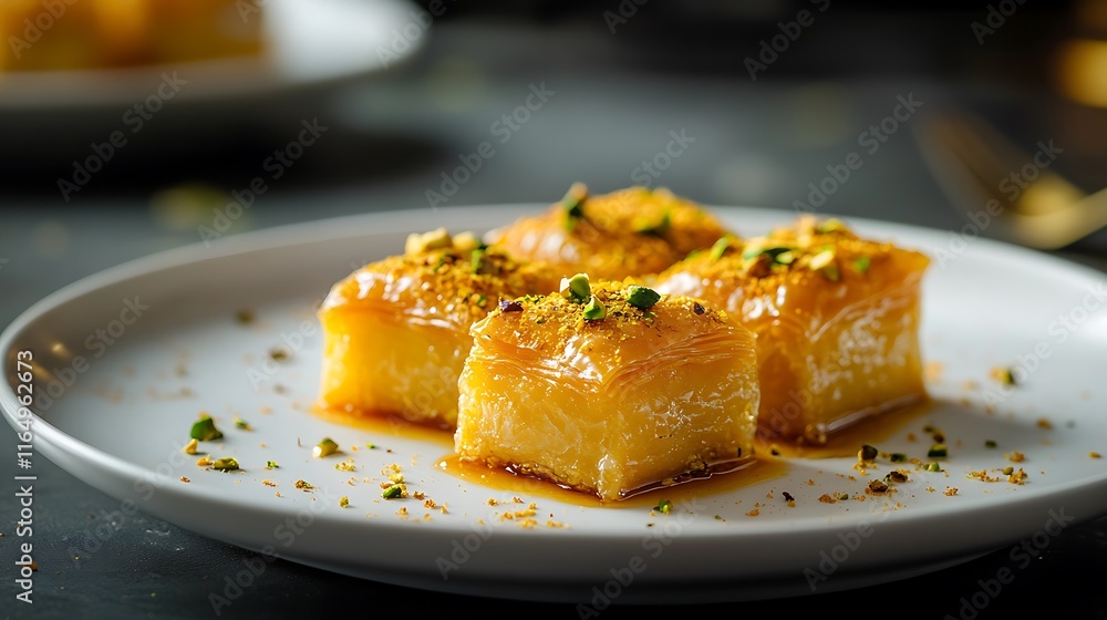 A plate of golden baklava squares garnished with crushed pistachios served on a white ceramic plate A plate of golden baklava squares garnished with crushed pistachios served on a white ceramic plate