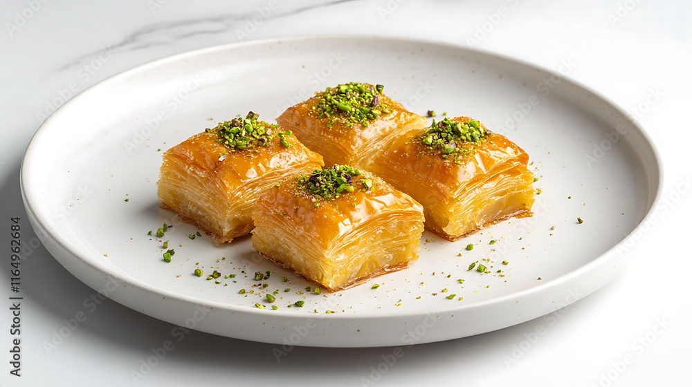 A plate of golden baklava squares garnished with crushed pistachios served on a white ceramic plate A plate of golden baklava squares garnished with crushed pistachios served on a white ceramic plate