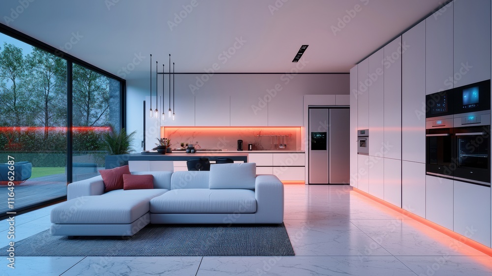 Naklejka premium Modern kitchen interior design urban apartment digital art contemporary style wide angle minimalist aesthetic