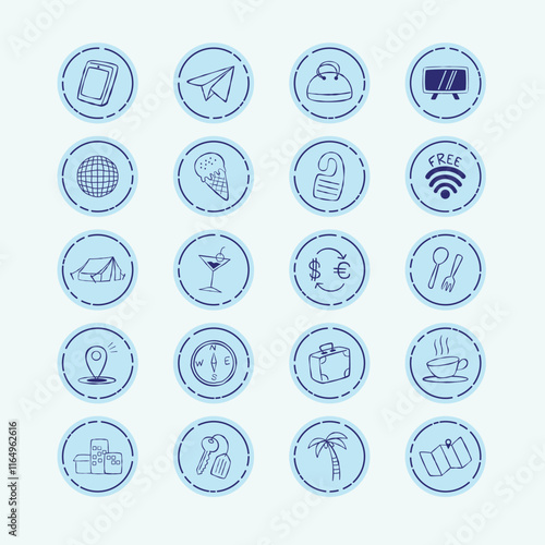 Blue Circular Traveling Icon Set Doodle