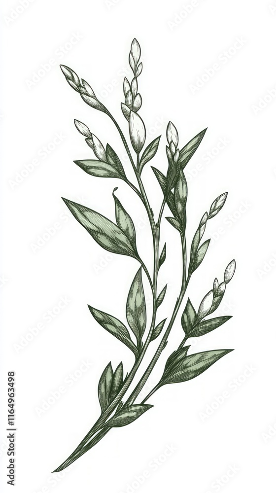 Fototapeta premium Elegant Botanical Illustration of Delicate Flowers and Leaves
