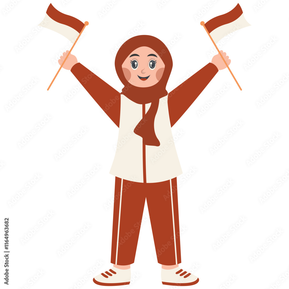 Fototapeta premium Hijab Girl Holding Indonesian Flag. indonesian Independence Day Celebration. Vector Character Illustration