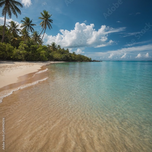 Sandy tropical beach with island on background.

