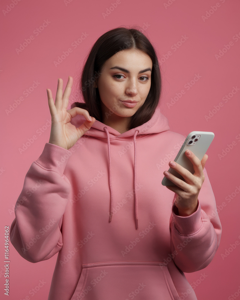 Young woman using smartphone with ok hand gesture. Technology lifestyle photography photoshoot with a tech savvy girl expressing approval with hand sign on bright attention grabbing pink background. Young woman using smartphone with ok hand gesture. Technology lifestyle photography photoshoot with a tech savvy girl expressing approval with hand sign on bright attention grabbing pink background.