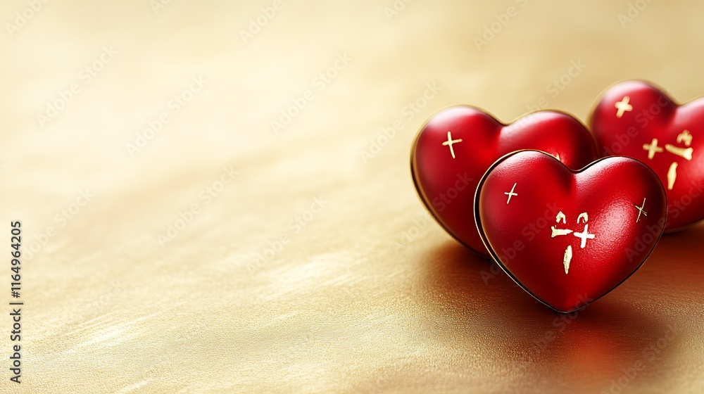 Three Red Hearts Resting On Golden Surface Three Red Hearts Resting On Golden Surface