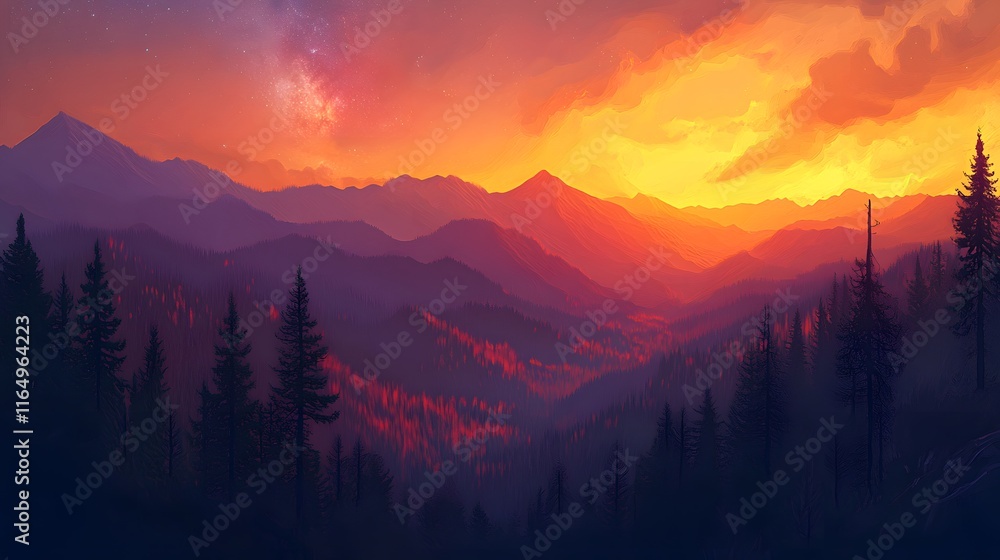 Fototapeta premium Majestic Mountain Range Sunset Starry Sky