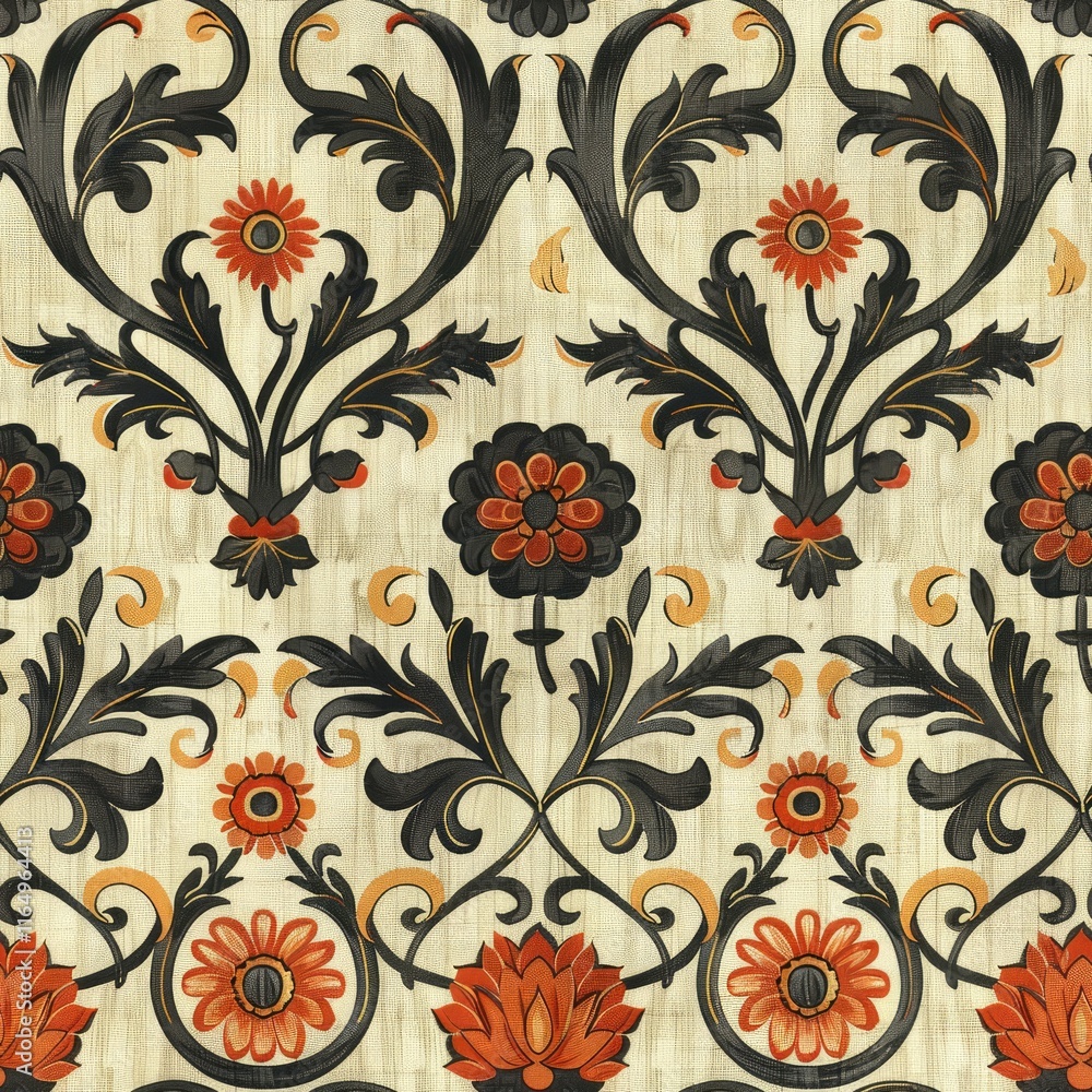 A decorative floral pattern featuring intricate designs in black, orange, and red on a light background. A decorative floral pattern featuring intricate designs in black, orange, and red on a light background.