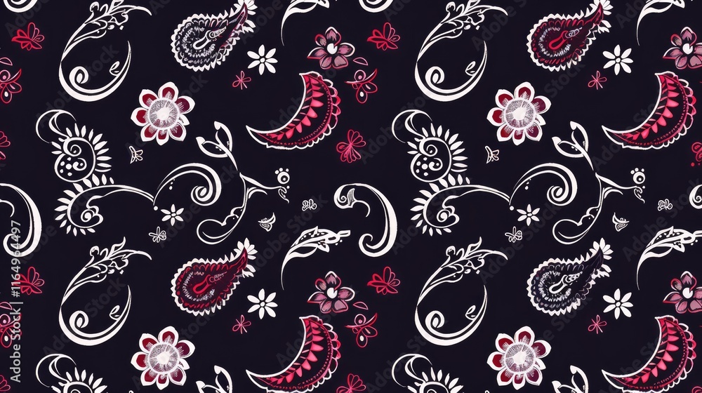 Fototapeta premium A decorative fabric pattern featuring floral and paisley designs in vibrant colors.