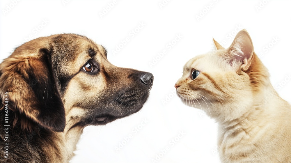 Obraz premium A picture of a contented dog and cat sharing a gaze with the camera ,Full depth of field, isolated on white background