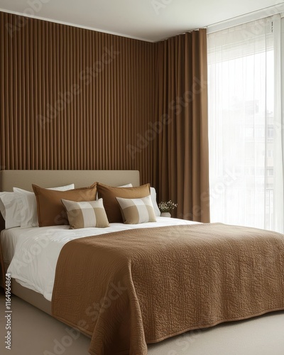 Neutral-toned bedroom with beige bedding and striped wood headboard. Soft daylight through sheer curtains beside the bed. Calm comfort and restful balance. Ideal for hotel branding