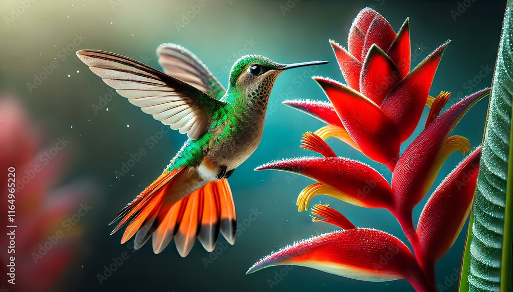 Obraz premium Hyper Realistic Hummingbird in Mid-Flight with Red Flower