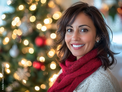 Wallpaper Mural A smiling woman in a cozy sweater and red scarf poses near a beautifully decorated Christmas tree. Torontodigital.ca