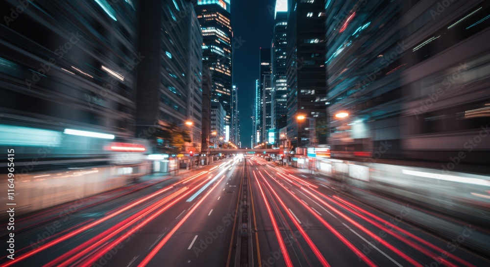 Naklejka premium Vibrant night cityscape with blurred lights on busy urban street