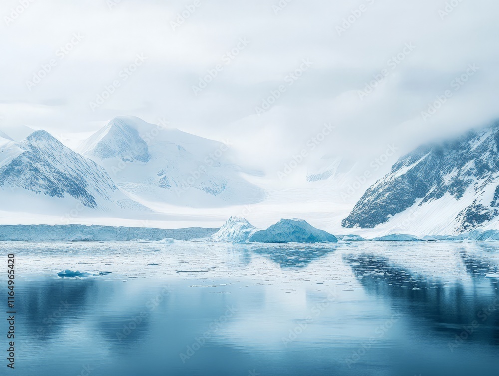 Serene icy landscape with glaciers and calm waters under a cloudy sky. Serene icy landscape with glaciers and calm waters under a cloudy sky.