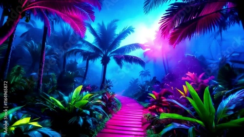 Dreamlike tropical landscape: A pink pathway meanders through a mystical jungle bathed in vibrant neon light.