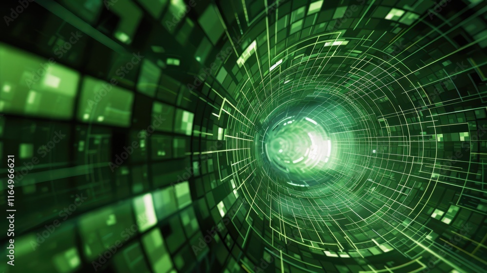 Obraz premium A digital tunnel with green light and grid patterns, symbolizing technology and data flow.