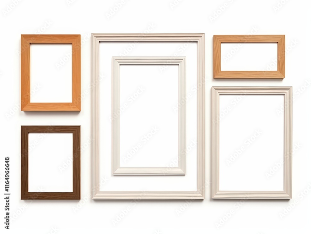 Isolated collection of empty photo frames in various sizes and colors arranged creatively on a white background for artistic display purposes Isolated collection of empty photo frames in various sizes and colors arranged creatively on a white background for artistic display purposes