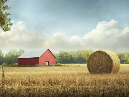 A serene rural landscape featuring a red barn and a hay bale under a cloudy sky. photo