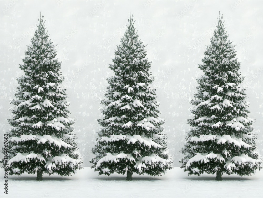 Obraz premium Three snow-covered evergreen trees in a winter landscape.