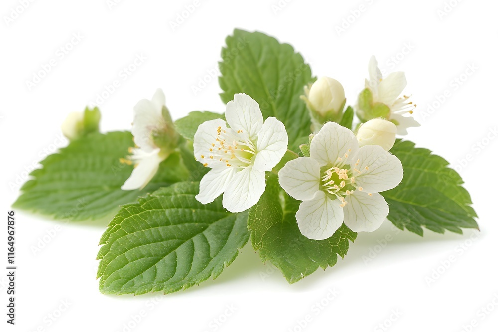Close-up of delicate white flowers and vibrant green leaves isolated on white background. Close-up of delicate white flowers and vibrant green leaves isolated on white background.