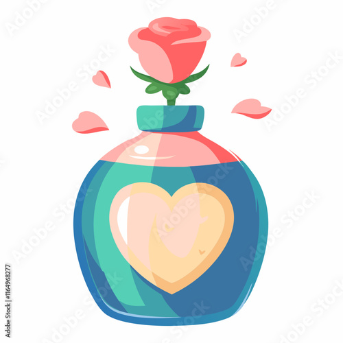 Valentine's day floral arrangement heart-shaped bottle digital art whimsical colors romantic concept