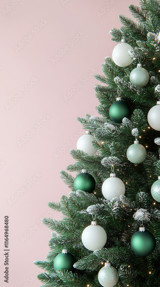 Festive Christmas tree green white ornament lush branch soft pink backdrop vibrant modern holiday design seasonal celebration spirit playful warm vibe mood advertising marketing promotion banner Festive Christmas tree green white ornament lush branch soft pink backdrop vibrant modern holiday design seasonal celebration spirit playful warm vibe mood advertising marketing promotion banner