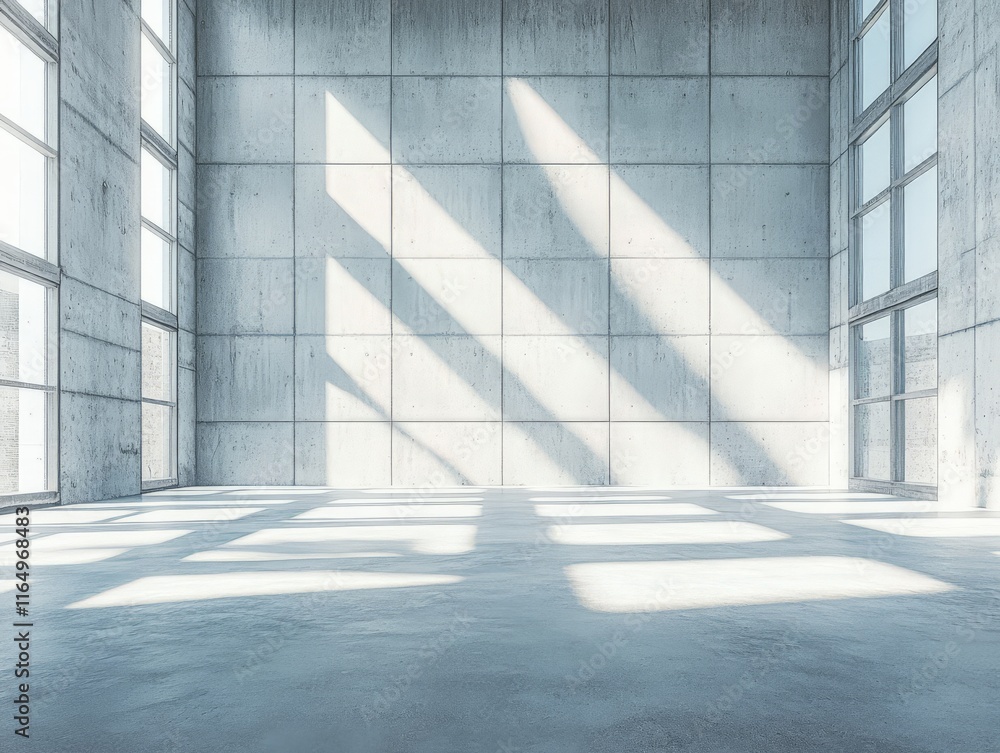 Obraz premium A spacious, minimalist interior with concrete walls and large windows allowing natural light.