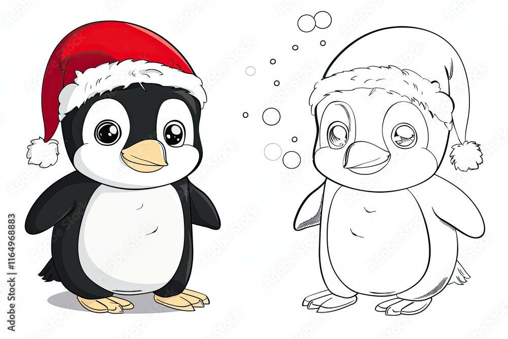 Fototapeta premium Black-and-white Christmas coloring page and its vibrant colored version for kids