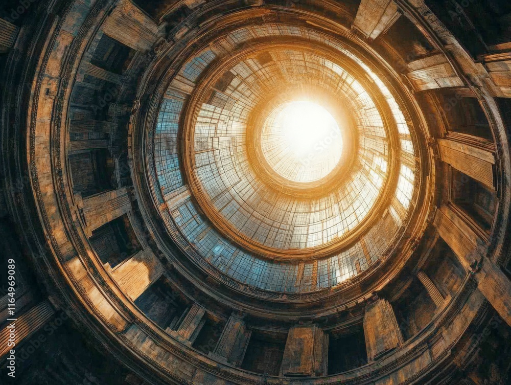 A spiral view of a grand architectural structure with sunlight streaming through glass. A spiral view of a grand architectural structure with sunlight streaming through glass.