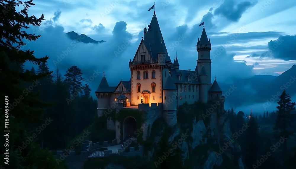 Fototapeta premium Enchanted Castle in Twilight Mist