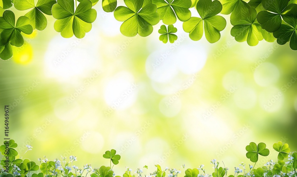 Lush green shamrocks frame bright spring bokeh background. Lush green shamrocks frame bright spring bokeh background.