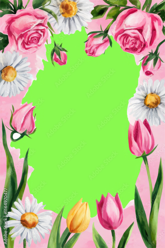 Floral frame with pink roses tulips and daisies on a green screen center. Floral border with a spring time theme and green screen for custom graphic. Floral frame with pink roses tulips and daisies on a green screen center. Floral border with a spring time theme and green screen for custom graphic.