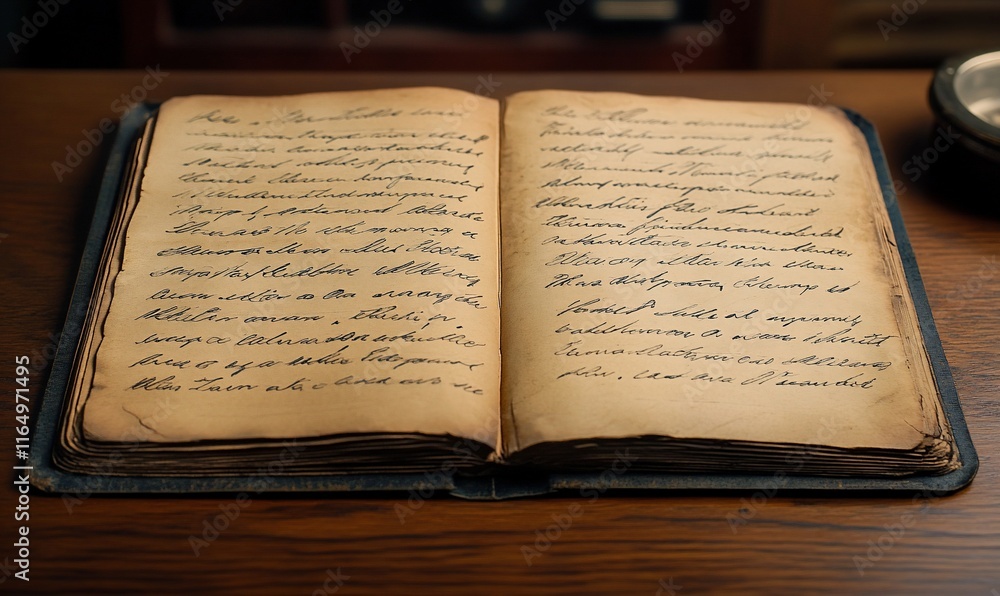 Obraz premium Open antique book with aged pages and handwritten text on wooden table.