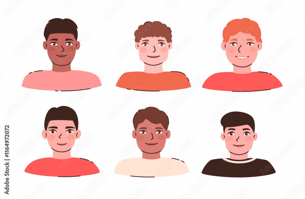 Set of smiling men of different races. Flat vector illustration. Set of smiling men of different races. Flat vector illustration.