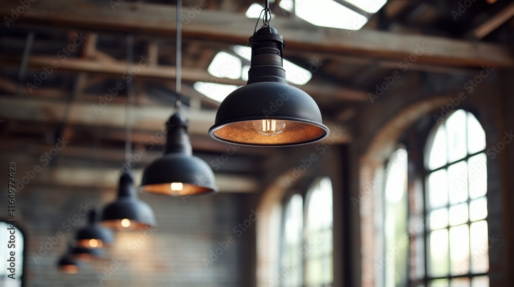 Obraz premium A close-up of industrial lighting fixtures hanging from the high ceiling of a repurposed factory-turned-loft